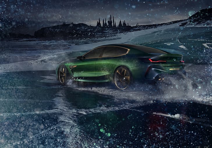 salju, kegelapan, coupe, es, BMW, tampilan samping, 2018, M8 Gran Coupe Concept, Wallpaper HD