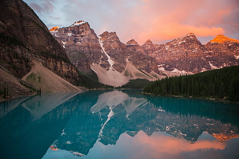 Moraine Lake in Banff National Park, Sunrise, Moraine Lake, Alberta, Canada, 5K, HD wallpaper HD wallpaper