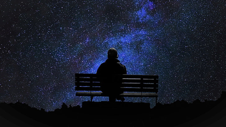 ผู้ชาย, คนเดียว, ม้านั่ง, เหงา, ผู้ชาย, กลางคืน, ท้องฟ้า, ท้องฟ้าเต็มไปด้วยดวงดาว, ดวงดาว, วอลล์เปเปอร์ HD