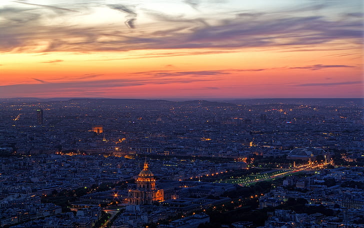 paris, ovanifrån, panorama, stad, himmel, solnedgång, HD tapet