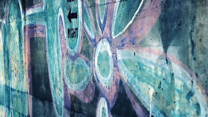 purple and white abstract painting, graffiti, green, wall, cyan, HD wallpaper
