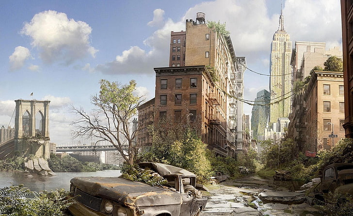 Эмпайр Стейт Билдинг, нью-йоркская живопись, апокалипсис, здание, мост, антиутопия, заброшенный, городской пейзаж, нью-йорк, руины, HD обои