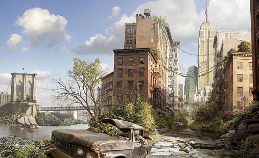 Empire State Building, malarstwo Nowego Jorku, apokaliptyczny, budynek, most, dystopia, opuszczony, pejzaż miejski, Nowy Jork, ruiny, Tapety HD HD wallpaper