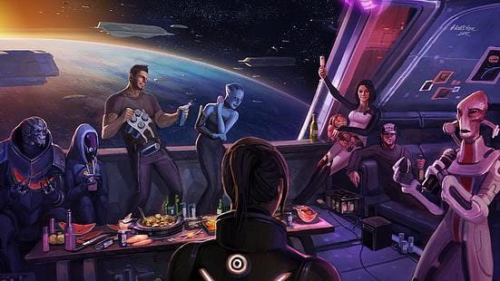 papel de parede digital de personagens do espaço sideral, Mass Effect 2, Tali'Zorah, Comandante Shepard, Miranda Lawson, Garrus Vakarian, Liara T.'Soni, Mordin Solus, James Vega, Mass Effect, videogames, HD papel de parede HD wallpaper
