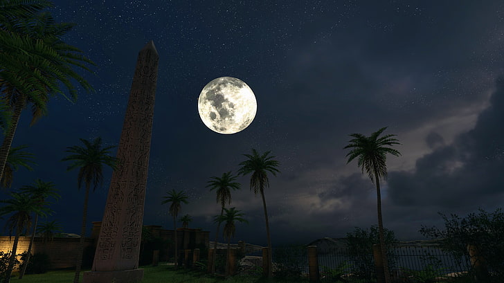 full moon over place with palm tress and concrete monument tower, The Talos Principle, screen shot, video games, Obelisk, palm trees, Moon, night, Egypt, Egyptian, sky, HD wallpaper