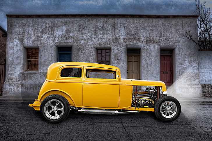 yellow, retro, street, classic, hot-rod, classic car, HD wallpaper