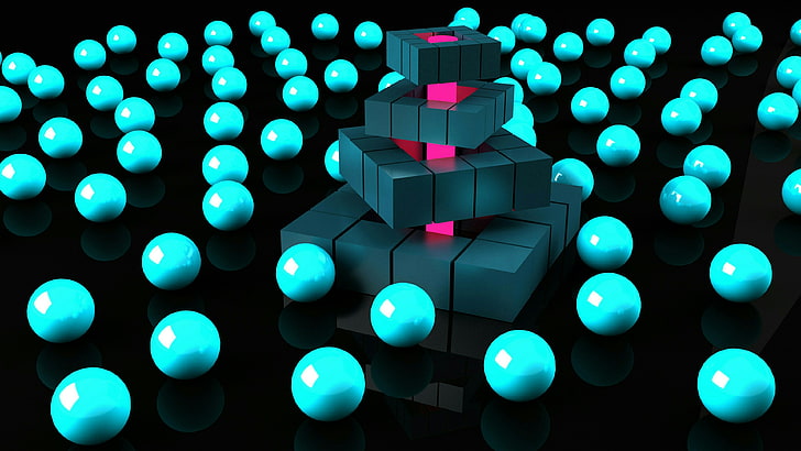 background, blue, light, turquoise, product, ball, sphere, balls, graphics, 3d, digital art, cube, pyramid, HD wallpaper