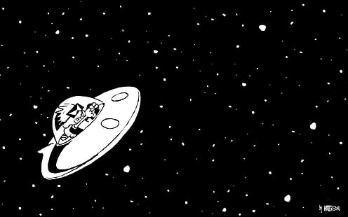 Calvin and Hobbes Spaceship BW HD, cartoon / comic, bw, and, astronave, calvin, hobbes, Sfondo HD HD wallpaper