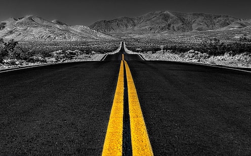 сив асфалтов път, път, черен, селективно оцветяване, пейзаж, HD тапет HD wallpaper