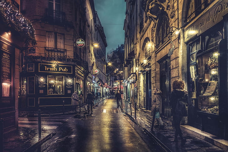 Paris, night, France, street, people, lamps, cityscape, walking, shops, sidewalk, everyday life, urban scene, HD wallpaper