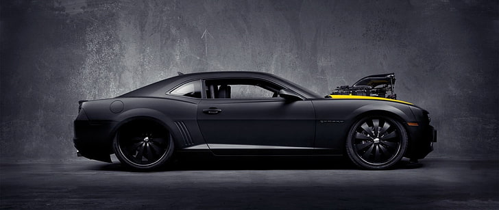 black coupe, ultra-wide, car, Chevrolet Camaro Bumblebee, HD wallpaper