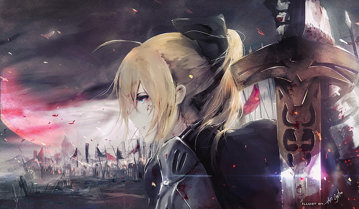 fate stay night, saber, profile view, sword, war, blonde, Anime, HD wallpaper