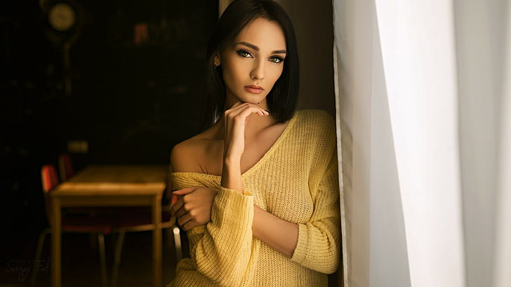 Kseniya Alekseevskaya, kobiety, Sergey Fat, portret, sweter, żółty, żółty sweter, kolczyk, Tapety HD