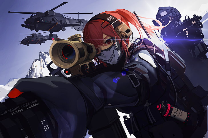 рыжеволосая аниме женщина персонаж, военный, оружие, солдат, аниме девушки, война, спецназ, черный солдат, HD обои