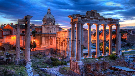 landmark, historic site, roman forum, tourist attraction, evening, city, ancient rome, medieval architecture, rome, archaeological site, italy, ancient history, forum romanum, history, tourism, HD wallpaper HD wallpaper
