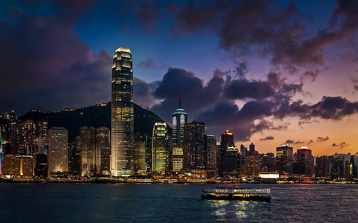 Hongkong, Port, Wieżowiec, Pejzaż miejski, Prom, Morze, Wieczór, Światła, Nowoczesne, Chiny, Hongkong, port, wieżowiec, pejzaż miejski, prom, morze, wieczór, światła, nowoczesne, Chiny, Tapety HD