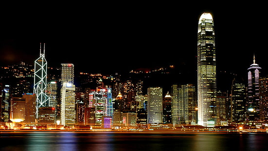 linha do horizonte, noite, porto de victoria, hong kong, HD papel de parede HD wallpaper