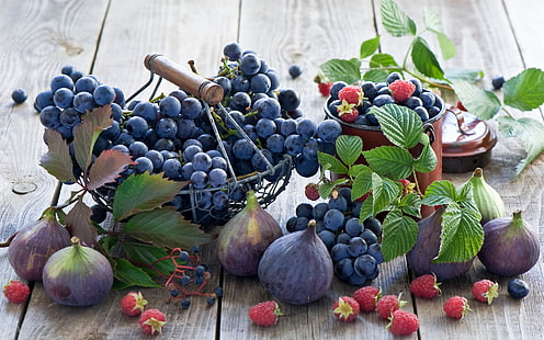 jedzenie, obiad, figi, owoce, winogrona, czarne winogrona, maliny, Tapety HD HD wallpaper