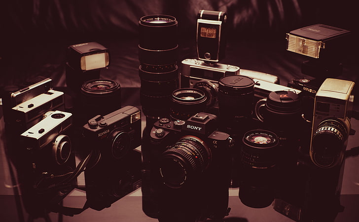 カメラ、黒いカメラロット、ビンテージ、カメラ、レンズ、照明、 HDデスクトップの壁紙