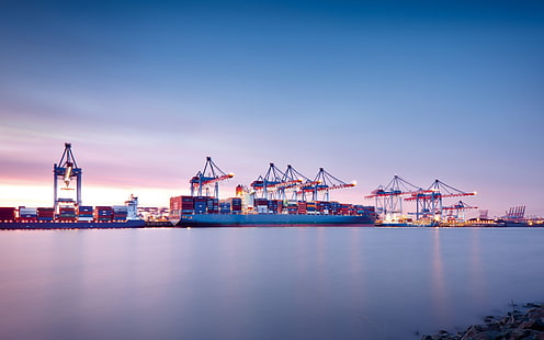 crane industri abu-abu dan coklat, pelabuhan, kapal, kapal kontainer, dermaga, Hamburg, Wallpaper HD HD wallpaper