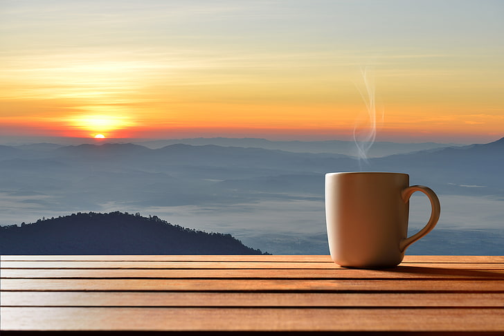 taza de cerámica blanca, amanecer, café, mañana, taza, caliente, taza de café, buenos días, Fondo de pantalla HD