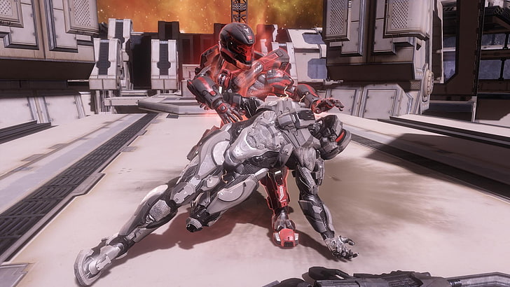 robot rouge et gris debout près de l'illustration du bâtiment, Halo 4, Spartans, Assassination, Fond d'écran HD