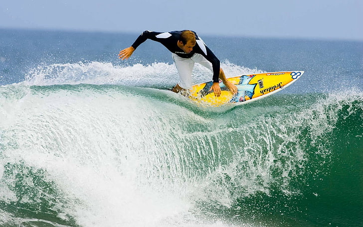 yellow and white surfboard, extreme, board, surfing, wave, crest, suit, HD wallpaper