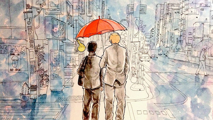 люди, зонт, теплые тона, улица, Mob Psycho 100, работа, акварель, здание, живопись, Kageyama Shigeo, HD обои