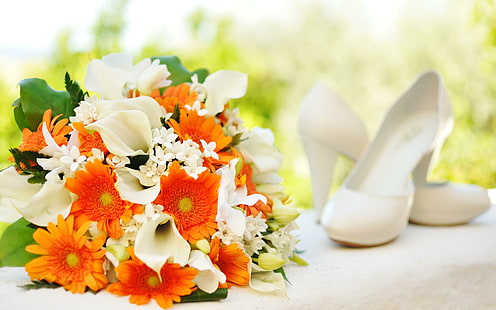 Оранжевый белый букет невесты, невеста, оранжевый, белый, свадебный, букет, свадьба, HD обои HD wallpaper