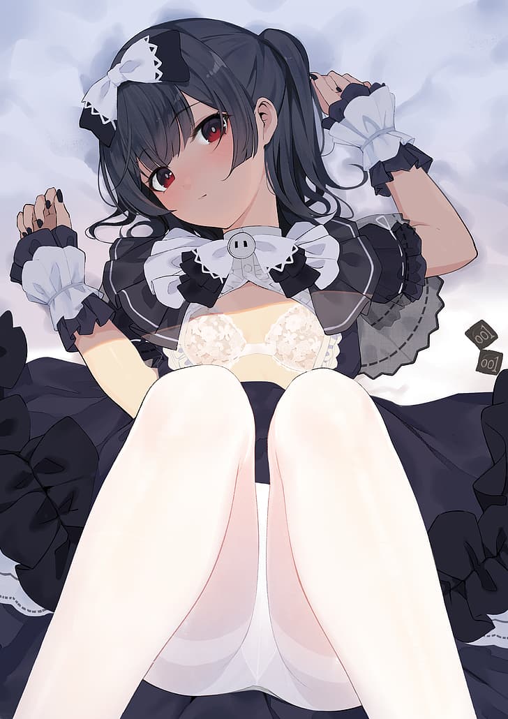 anime, anime girls, cheveux noirs, bas, collants, collants blancs, Fond d'écran HD, fond d'écran de téléphone