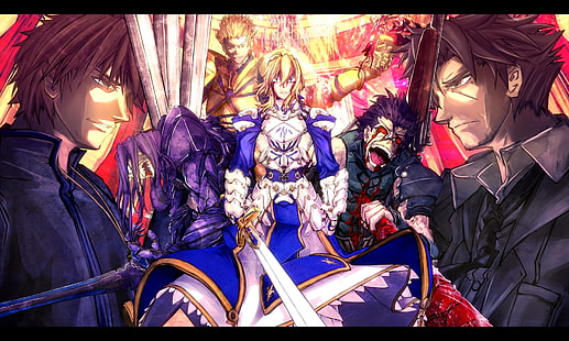 Seria Fate, Fate / Zero, Archer (Fate / Zero), Assassin (Fate / Zero), Gilgamesh (Fate Series), Kirei Kotomine, Kiritsugu Emiya, Lancer (Fate / Zero), Saber (Fate Series), Tapety HD HD wallpaper