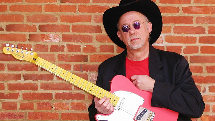 man holding red and white electric guitar, tom principato, guitar, wall, jacket, glasses, HD wallpaper