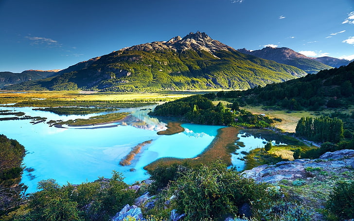 gunung hijau, alam, pemandangan, Chili, sungai, semak, gunung, pohon, Patagonia, pirus, air, matahari terbenam, musim panas, Wallpaper HD