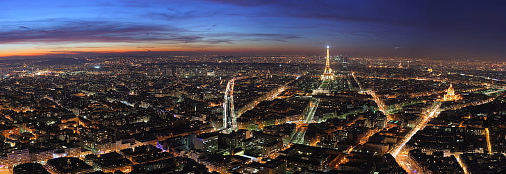 デュアル、夕暮れ、エッフェル、フランス、hdr、ライト、モニター、記念碑、マルチ、パリ、風光明媚な、画面、日没、タワー、 HDデスクトップの壁紙