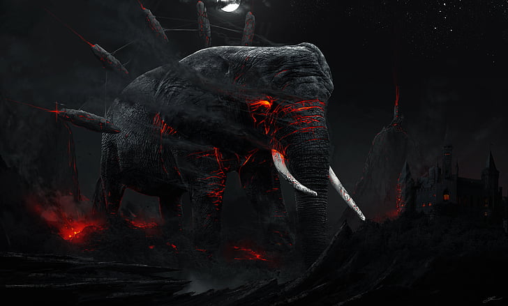 svart och röd mammutillustration, Elefant, Mammoth, Dark, 5K, HD tapet