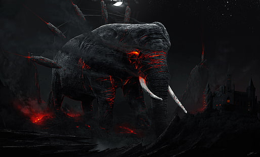 Ilustración de mamut negro y rojo, Elefante, Mamut, Oscuro, 5K, Fondo de pantalla HD HD wallpaper