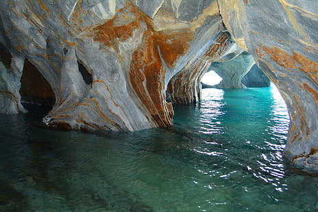 การถ่ายภาพทิวทัศน์ธรรมชาติทะเลสาบเทอร์ควอยซ์น้ำถ้ำหินอ่อนโบสถ์พังทลายชิลี, วอลล์เปเปอร์ HD HD wallpaper