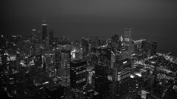 Чикаго Сгради Нощни небостъргачи BW HD, нощ, сгради, градски пейзаж, bw, небостъргачи, Чикаго, HD тапет