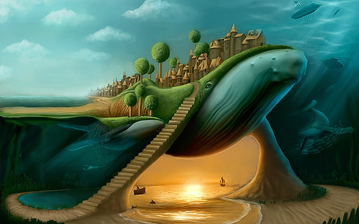 ilha de baleia com beira-mar sob ilustração, surreal, baleia, escadas, vista dividida, resumo, arte de fantasia, HD papel de parede
