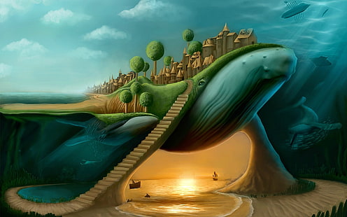 isola di balena con mare sotto illustrazione, surreale, balena, scale, vista divisa, astratto, fantasy art, Sfondo HD HD wallpaper
