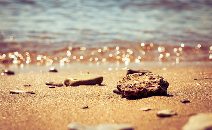 Пляж галька, коричневый камень, аэро, боке, песок, макро, HD обои