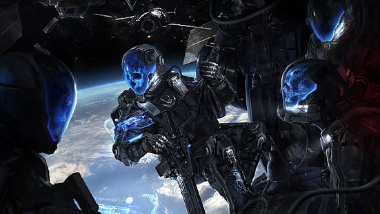 drei Astronauten auf Raumschiff Wallpaper, Kunstwerk, digitale Kunst, Cyborg, Weltraum, Science-Fiction, HD-Hintergrundbild HD wallpaper