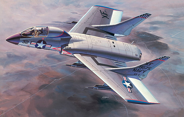 grauer und weißer Kampfflugzeug, der Himmel, Kämpfer, Kunst, USA, das Flugzeug, Deck, earth.figure, Vought F7U Cutlass, 