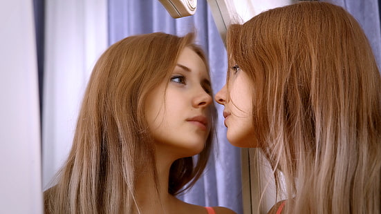 жени, модел, отражение, огледало, лице, Мика, HD тапет HD wallpaper