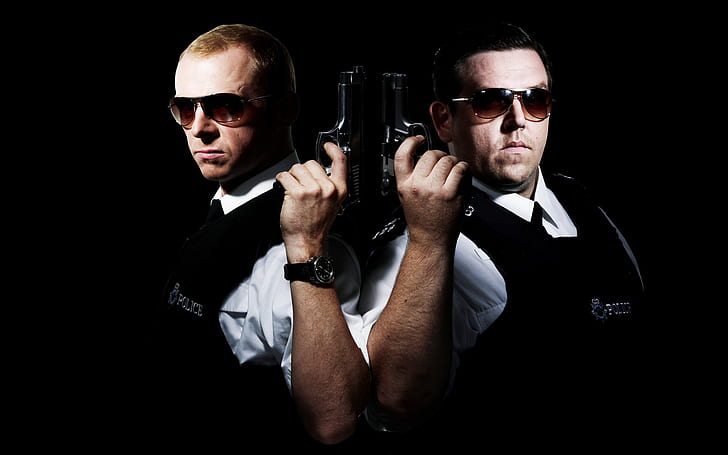 weapons, gun, black background, police, Simon Pegg, Nick Frost, Fuzz, Hot Fuzz, HD wallpaper