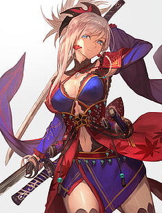 anime girls, white hair, swordswoman, Miyamoto Musashi (fategrand order), digital art, HD wallpaper HD wallpaper