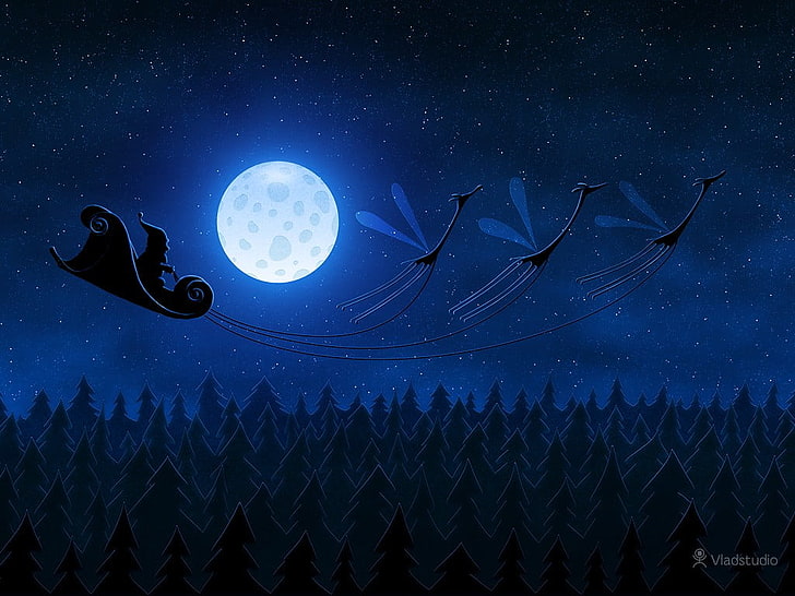 Schwarzweiss-Wanddekor, Vladstudio, Grafik, Mond, Weihnachtsmann, Nacht, Wald, HD-Hintergrundbild