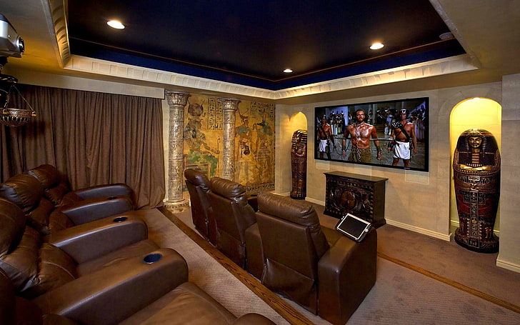 коричневый деревянный комод с зеркалом, домашний кинотеатр, дизайн интерьера, в помещении, HD обои
