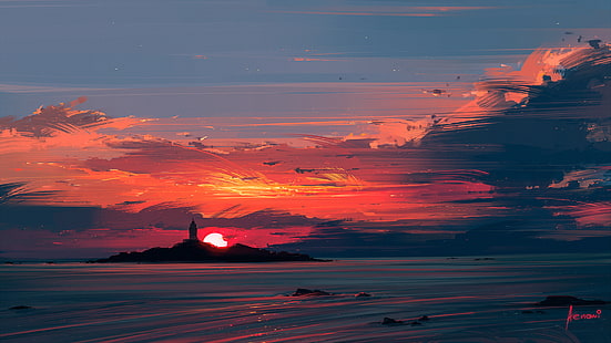 pintura de cuerpo de agua, puesta de sol, agua, ilustración, Aenami, obra de arte, arte digital, mar, isla, Fondo de pantalla HD HD wallpaper