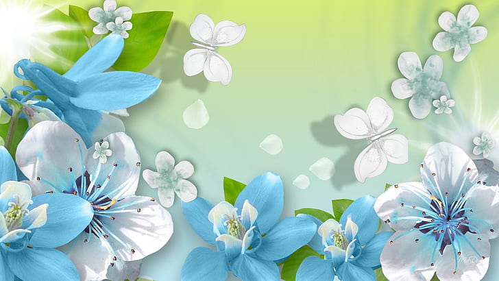 Blue Floral On Green, cyan flowers, spring, firefox persona, vines, floral,  HD wallpaper | Wallpaperbetter